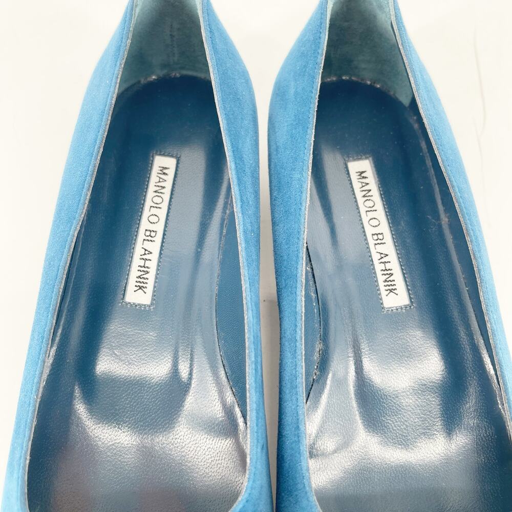 Manolo Blahnik Maydi Turquoise Suede Decorative Buckle Almond Toe Flats IT 37 - Picture 9 of 14